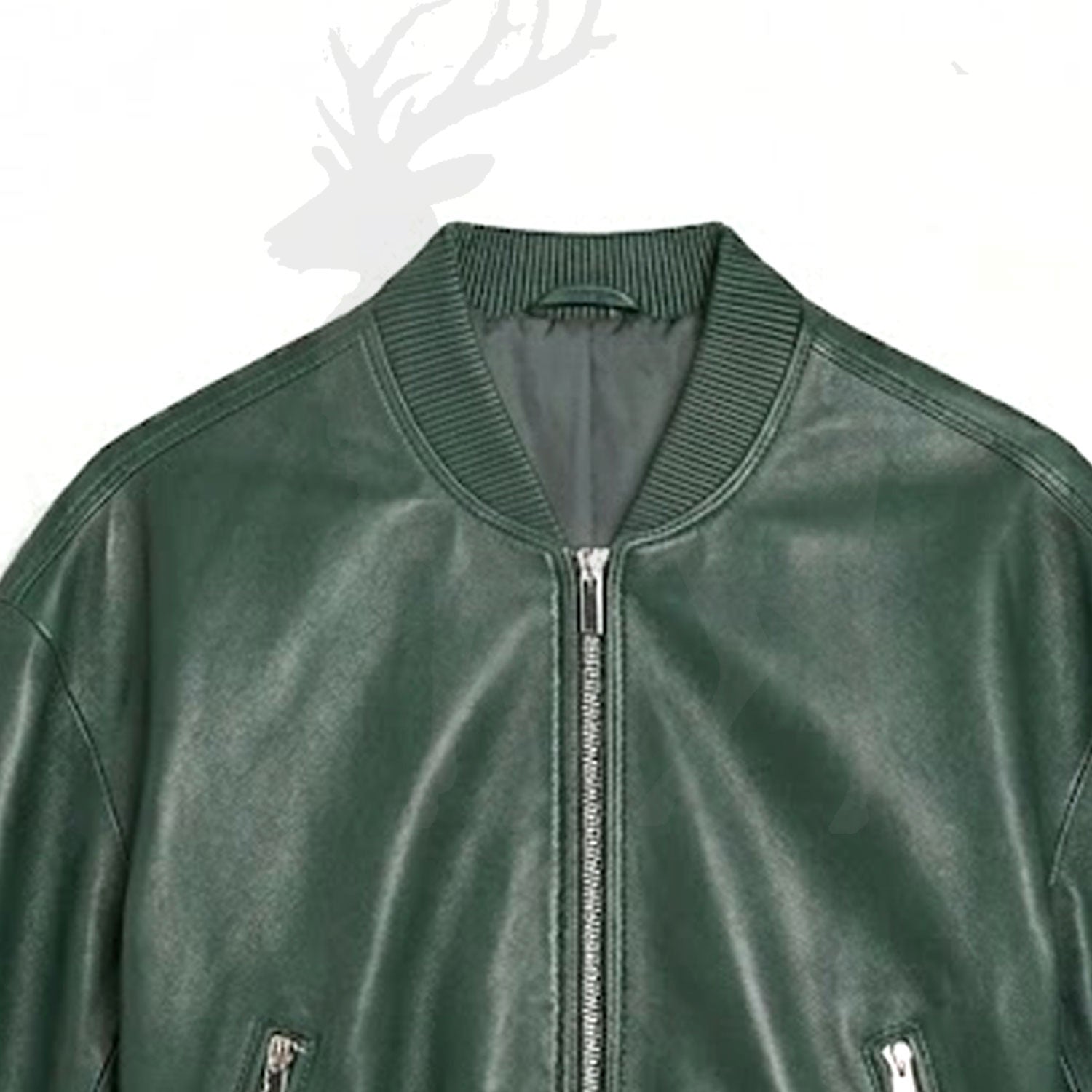 Close up ribbed bomber collar green leather jacket premium stitching detail minimalist design soft inner lining unisex jacket