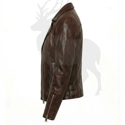 Men’s brown leather biker jacket side view asymmetrical zip slim fit leather coat zipper details modern streetwear