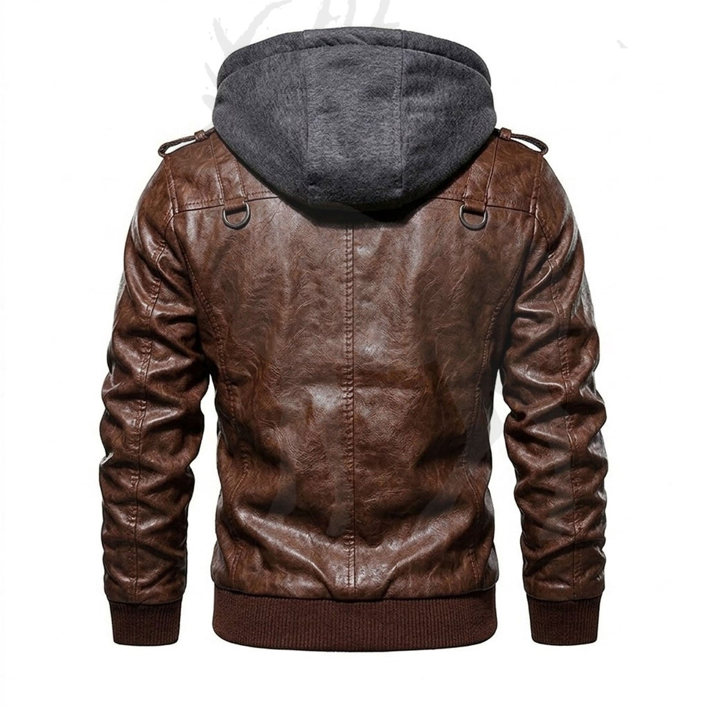 Men’s brown leather jacket back view slim fit design hooded leather coat ribbed waistband vintage style winter jacket