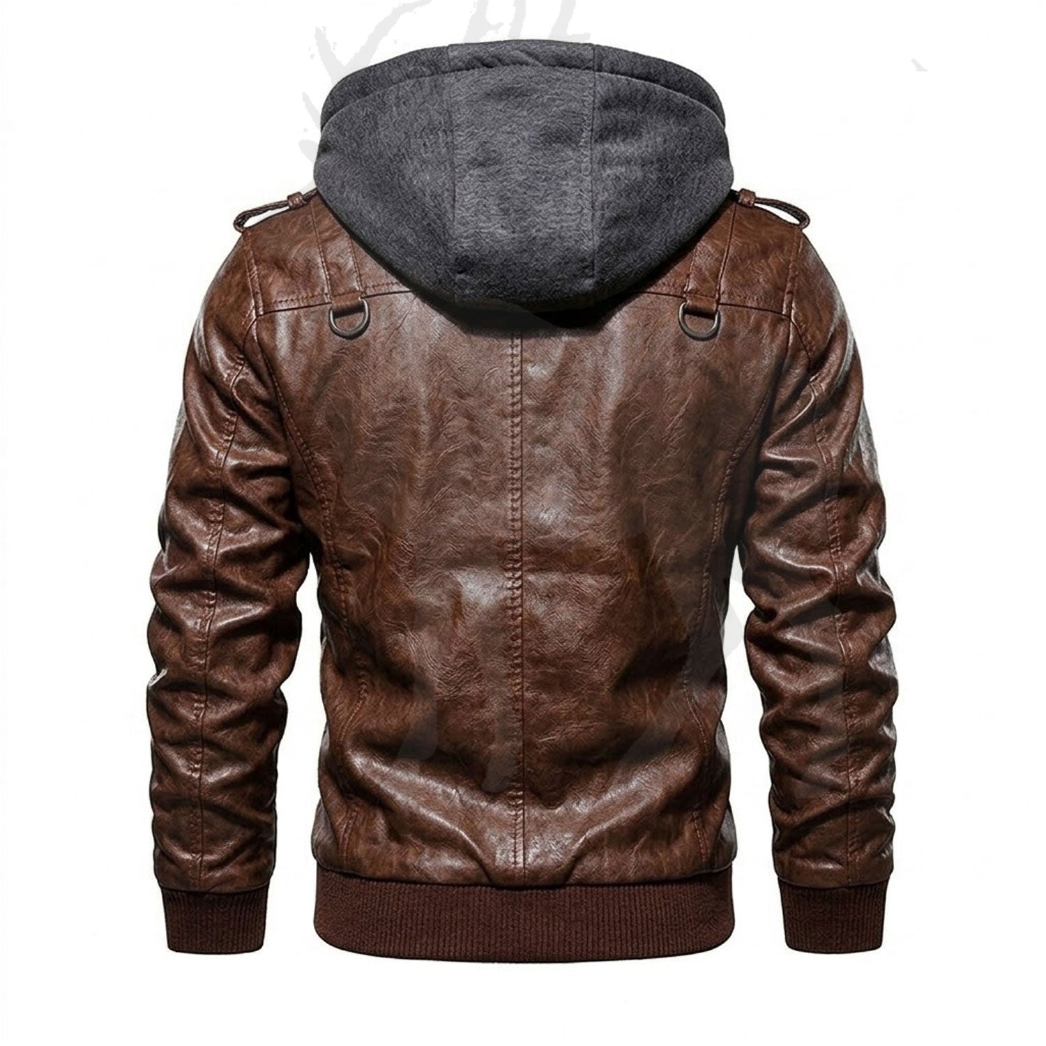 Men’s brown leather jacket back view slim fit design hooded leather coat ribbed waistband vintage style winter jacket