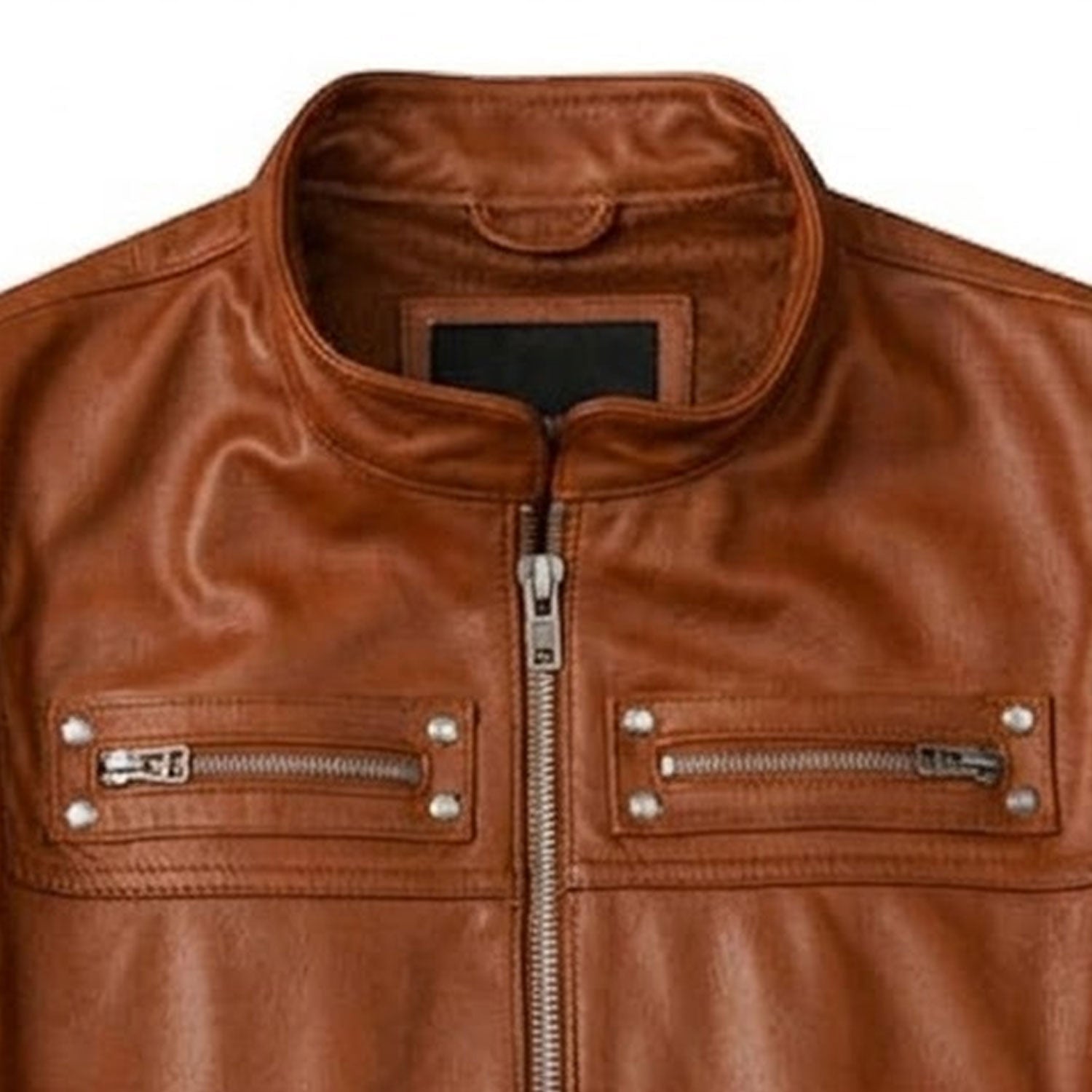 Close-up of handmade brown full grain cowhide leather biker vest