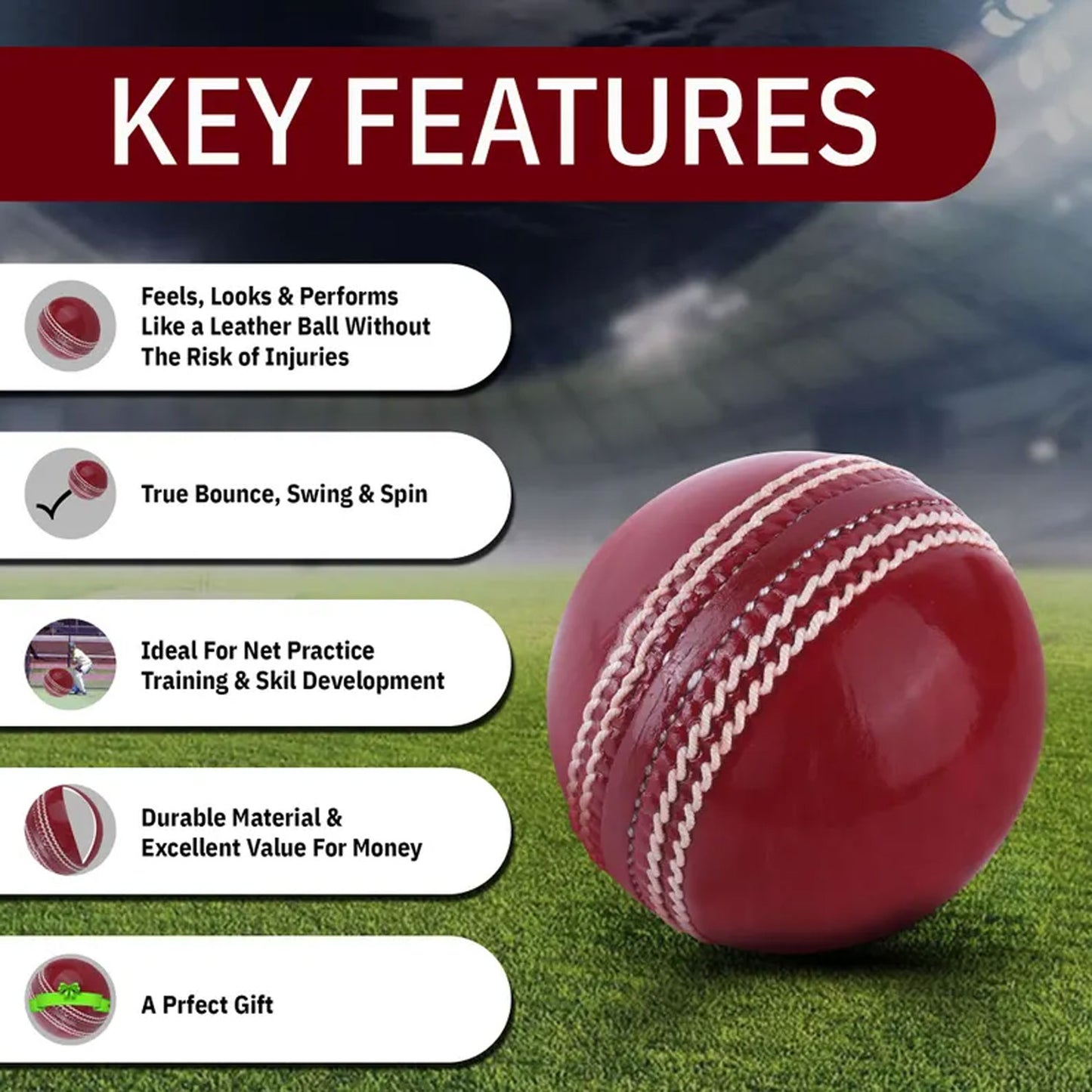 Red Leather Cricket Ball – Handmade Match Ball Gift