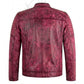Men’s red distressed leather biker jacket back view quilted shoulder panels slim fit silhouette vintage worn leather finish moto jacket