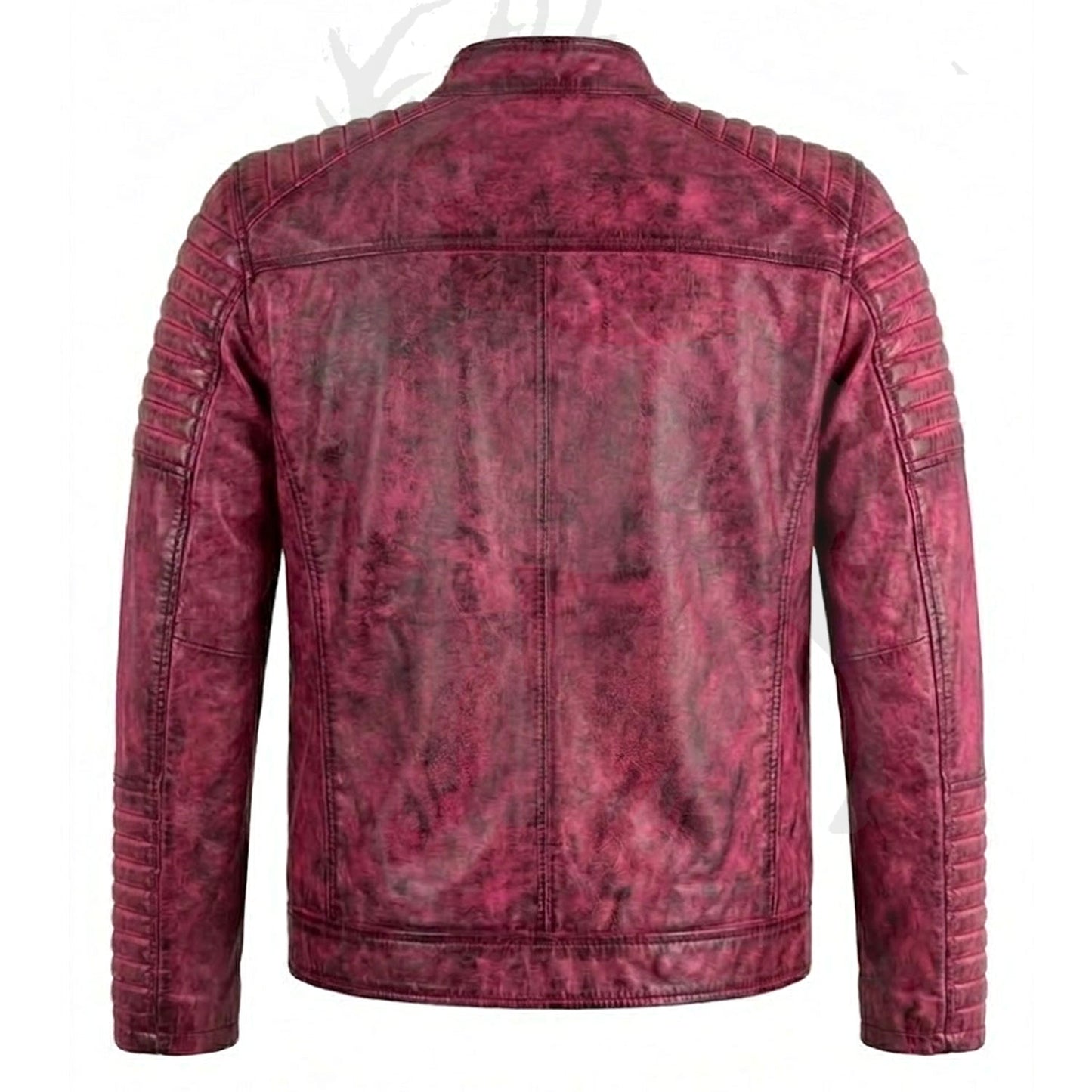 Men’s red distressed leather biker jacket back view quilted shoulder panels slim fit silhouette vintage worn leather finish moto jacket