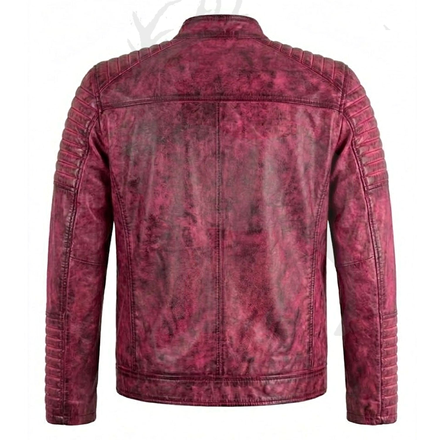 Men’s red distressed leather biker jacket back view quilted shoulder panels slim fit silhouette vintage worn leather finish moto jacket