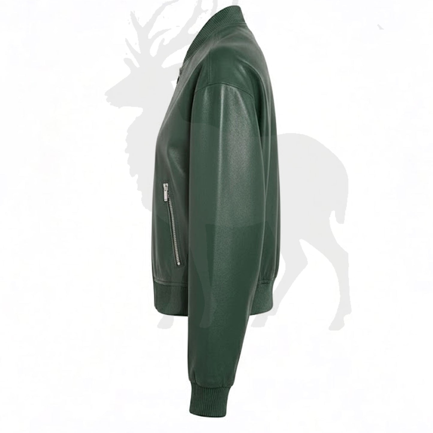 Green leather bomber jacket side view slim fit silhouette zip pockets modern streetwear bomber style premium genuine leather outerwear