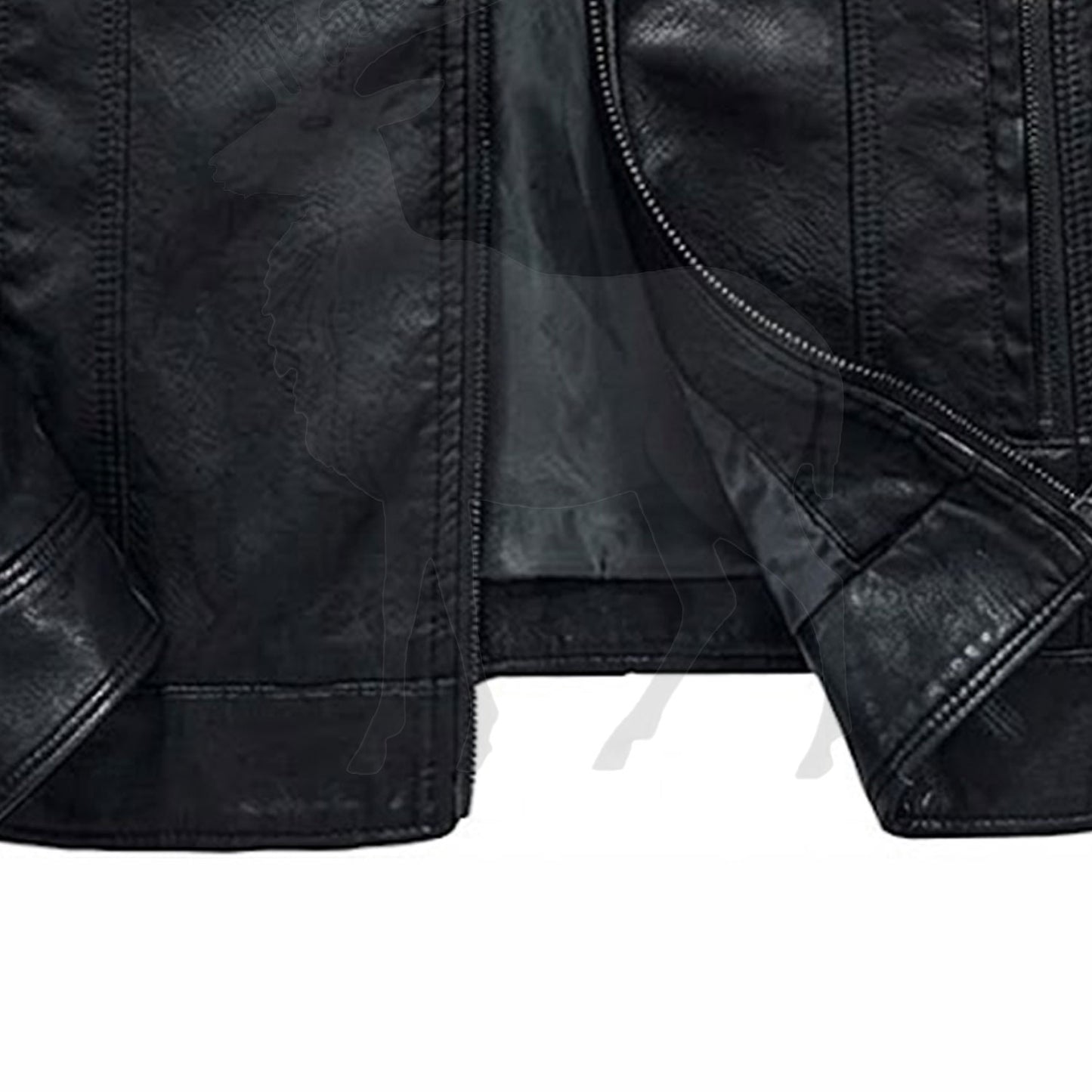 Close up lower zipper detail on men’s black leather moto jacket with premium metal zipper and smooth leather finish