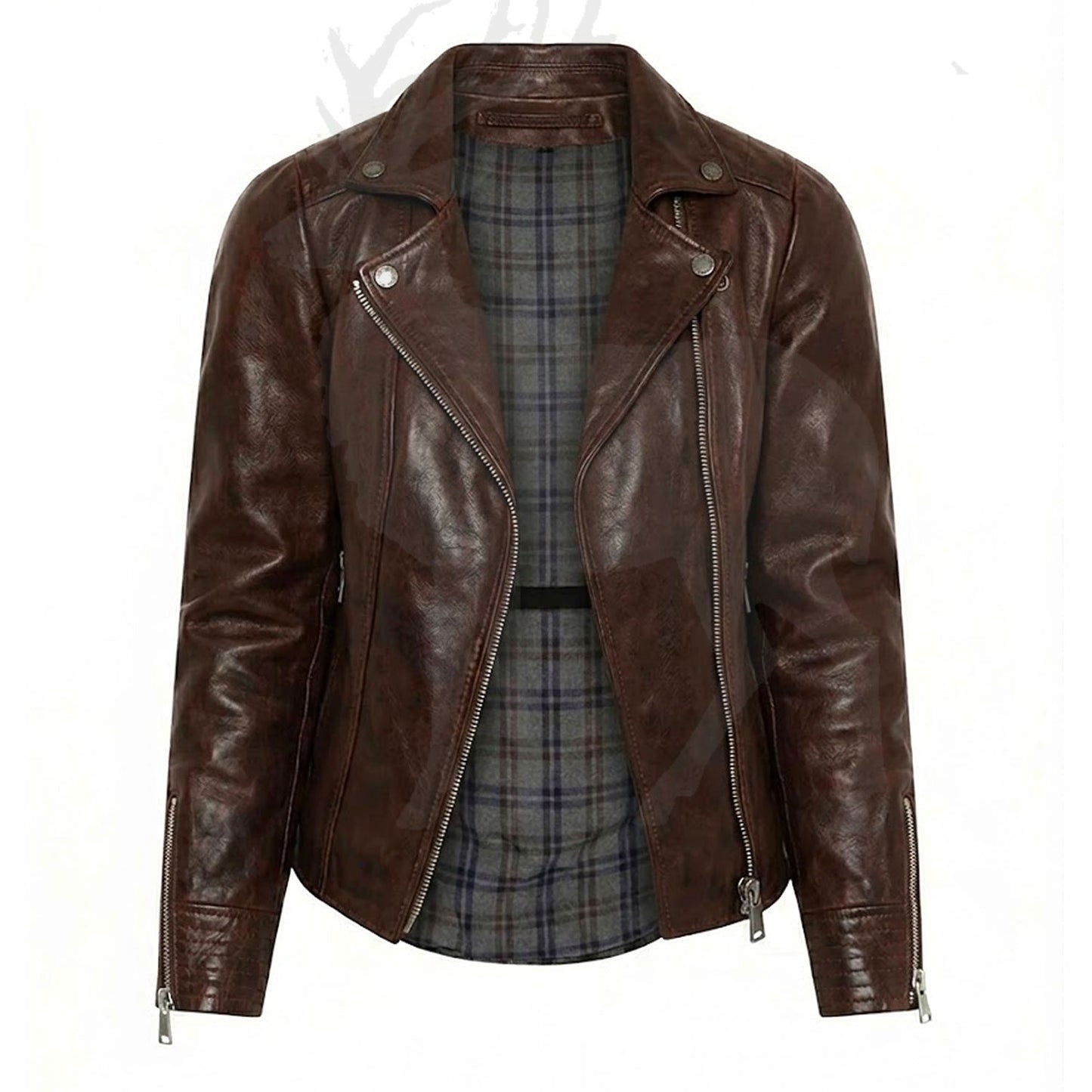 Men’s brown leather biker jacket front view asymmetrical zipper design slim fit motorcycle jacket vintage leather coat with plaid lining

Back View