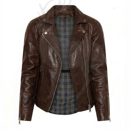 Men’s brown leather biker jacket front view asymmetrical zipper design slim fit motorcycle jacket vintage leather coat with plaid lining

Back View