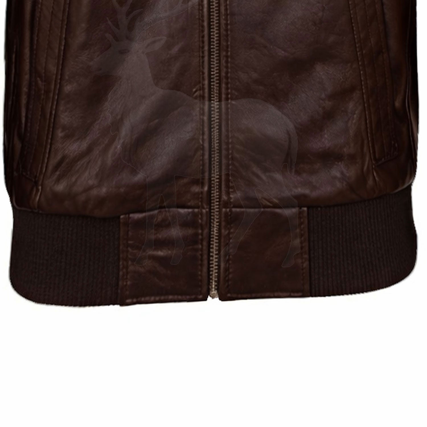 Close up ribbed waistband on men’s brown leather bomber jacket elastic hem detail premium craftsmanship