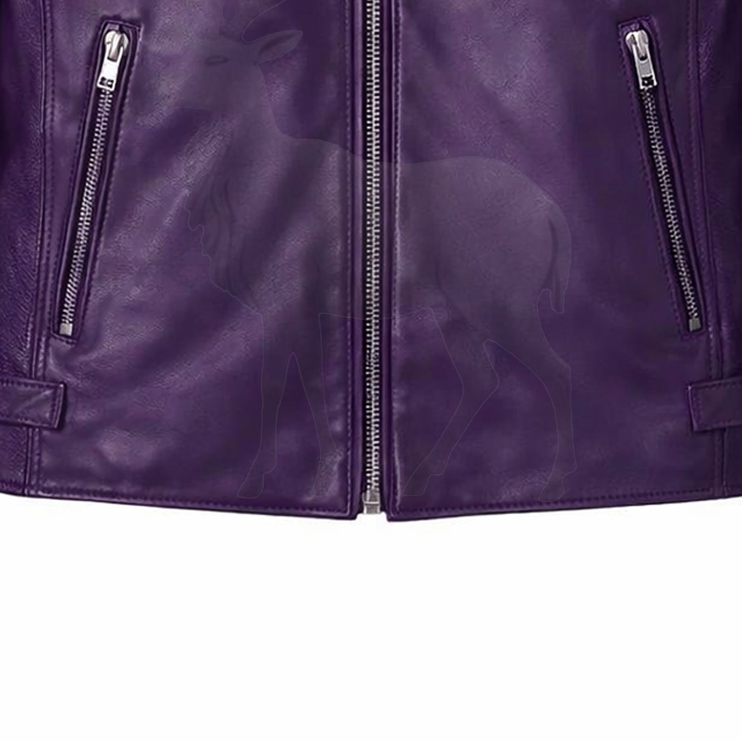 Close up lower zipper detail on women’s purple leather moto jacket premium metal zipper and smooth leather texture
