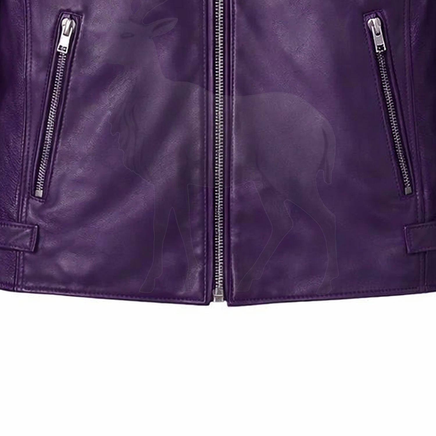 Close up lower zipper detail on women’s purple leather moto jacket premium metal zipper and smooth leather texture