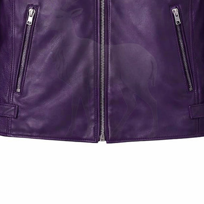 Close up lower zipper detail on women’s purple leather moto jacket premium metal zipper and smooth leather texture