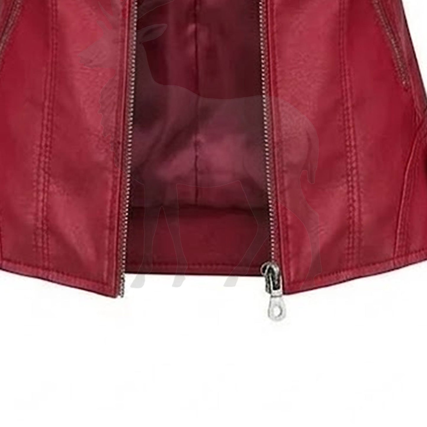 Close up lower zipper detail on women’s red leather moto jacket slim fit design with premium metal zipper finish