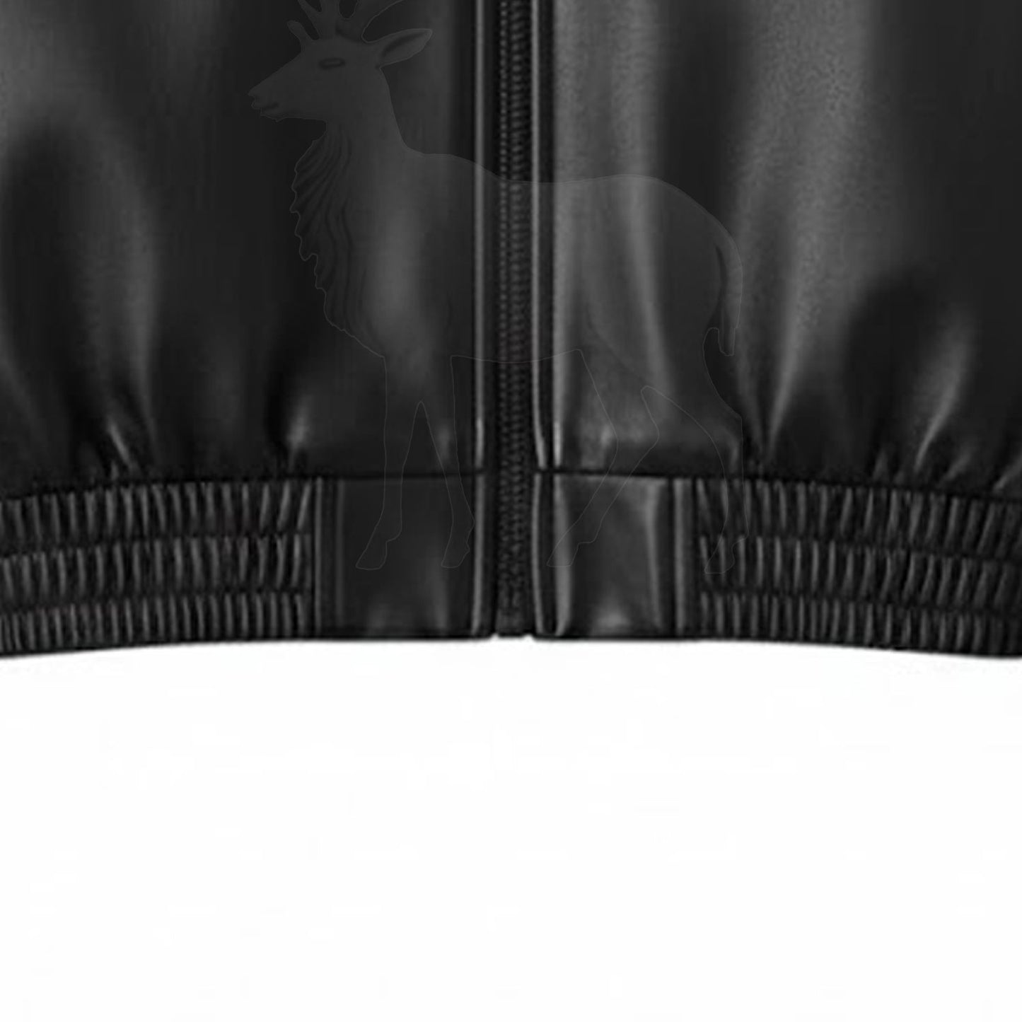 Close up lower zipper detail on women’s black cowhide leather cropped bomber jacket durable metal zip and genuine leather texture
