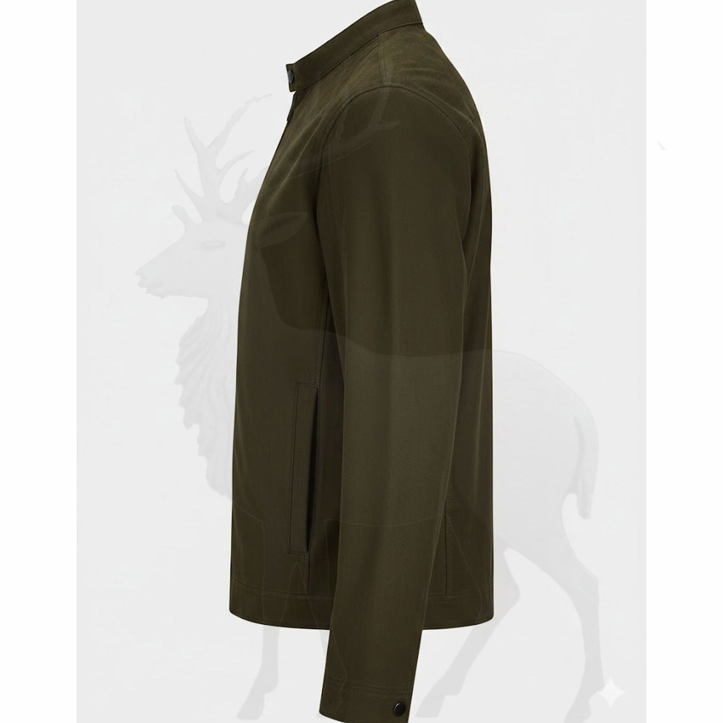 Men’s olive green leather jacket side view fitted biker design stand collar modern casual leather jacket