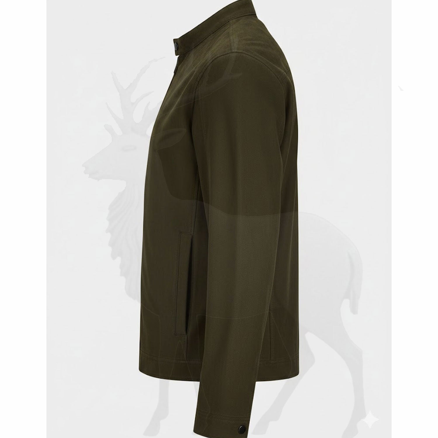 Men’s olive green leather jacket side view fitted biker design stand collar modern casual leather jacket