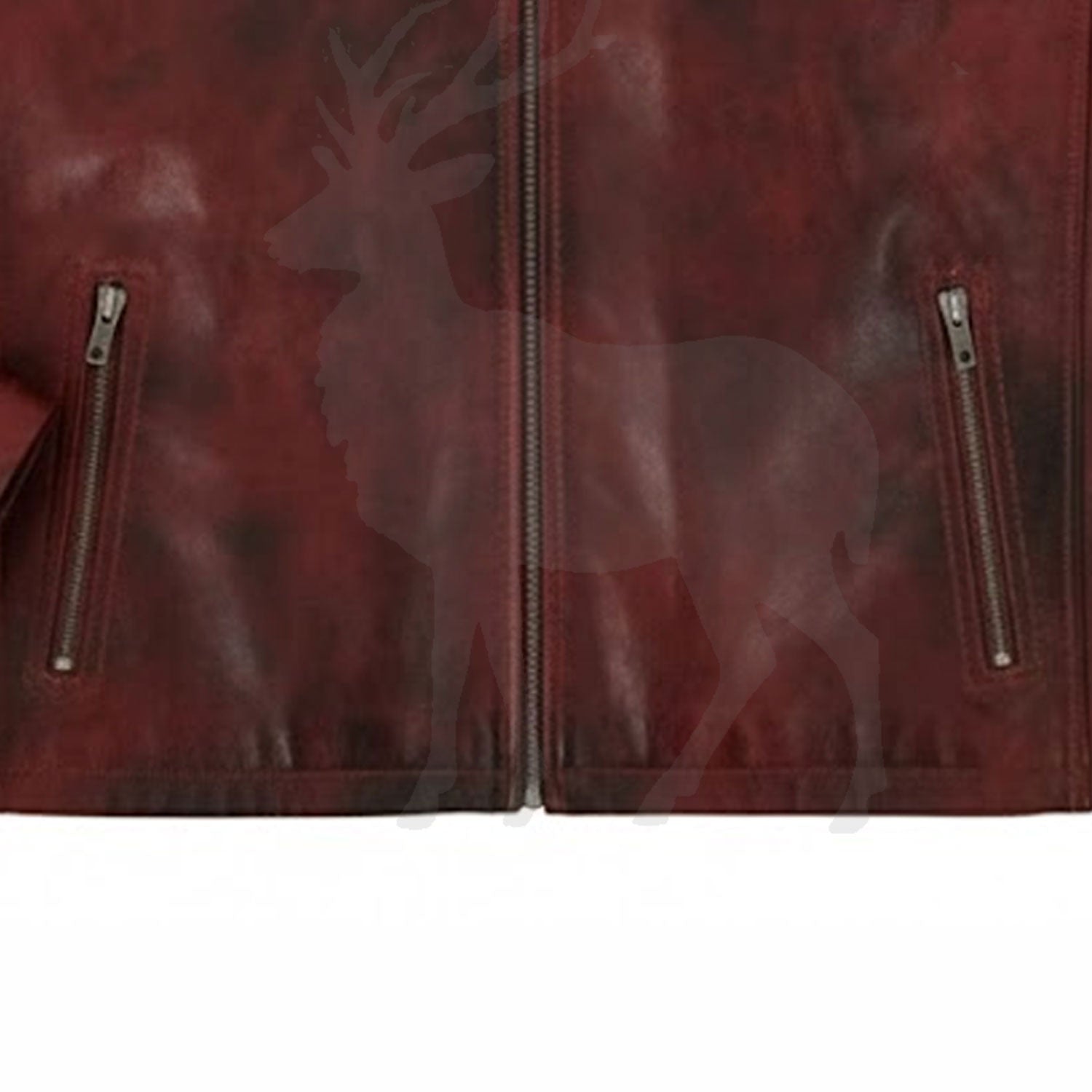 Close up lower zipper detail on men’s brown distressed genuine leather cafe racer biker jacket with vintage motorcycle style finish