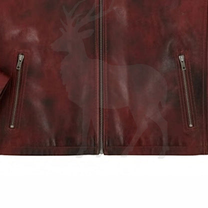 Close up lower zipper detail on men’s brown distressed genuine leather cafe racer biker jacket with vintage motorcycle style finish