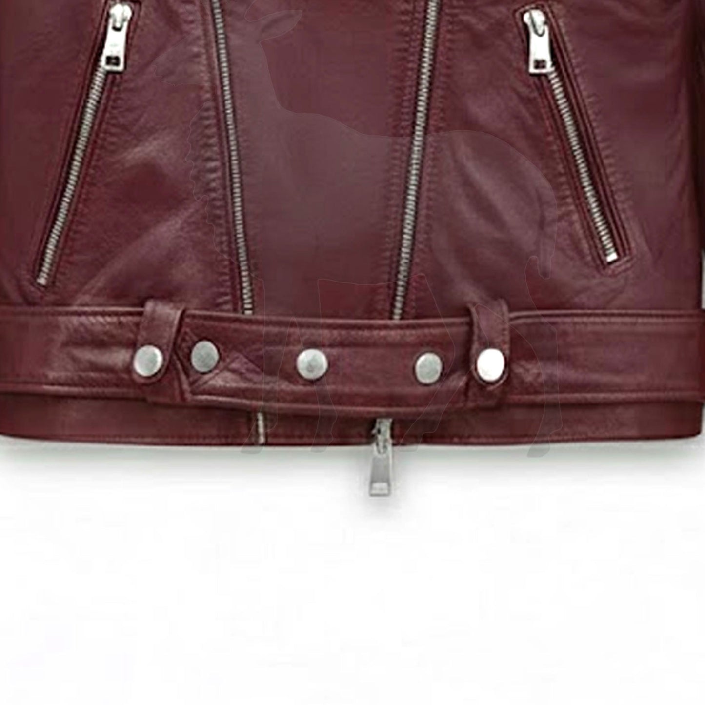 Close up asymmetrical lower zipper detail on women’s burgundy leather biker jacket premium metal hardware and leather finish