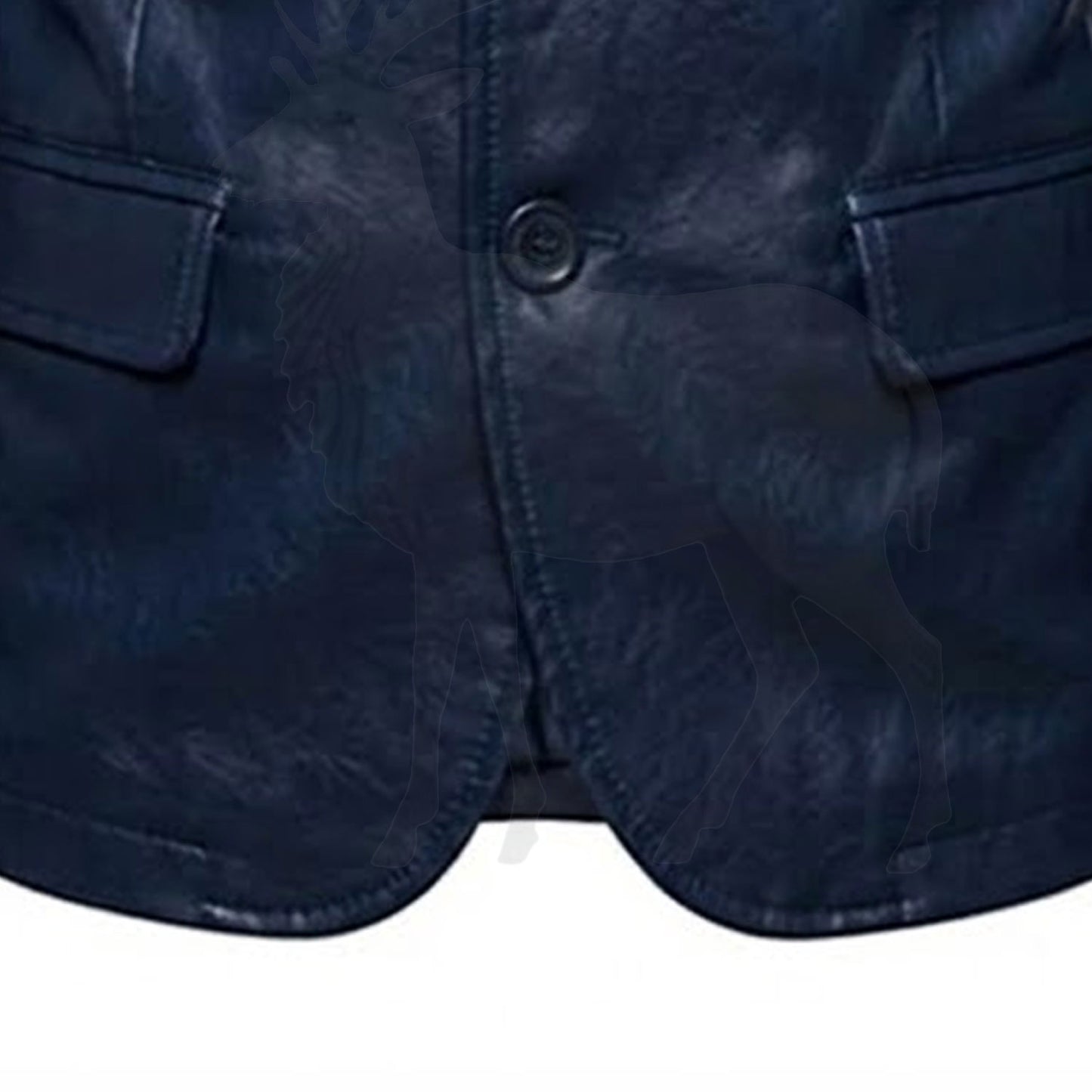 Close up front button closure detail on men’s navy blue leather blazer premium craftsmanship and tailored formal style