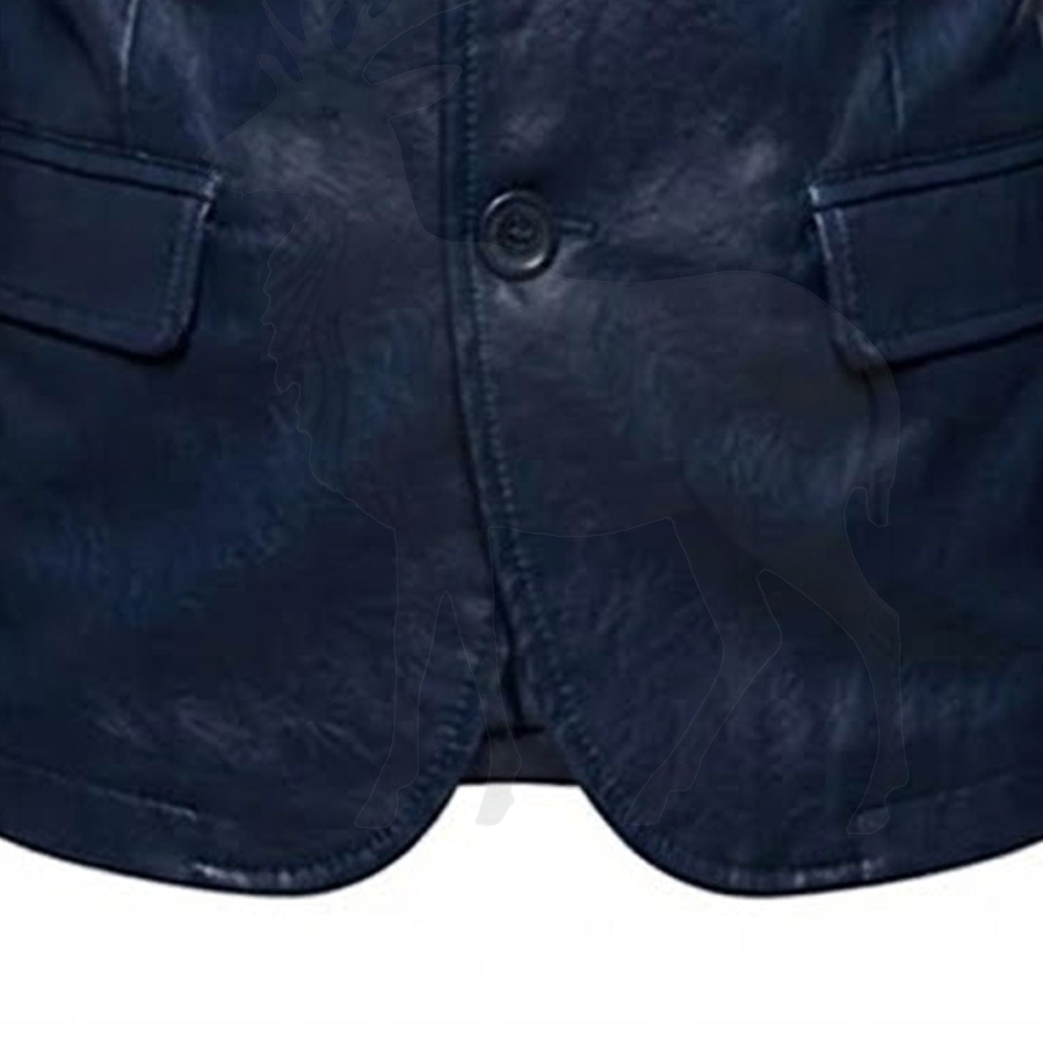 Close up front button closure detail on men’s navy blue leather blazer premium craftsmanship and tailored formal style