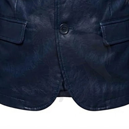 Close up front button closure detail on men’s navy blue leather blazer premium craftsmanship and tailored formal style