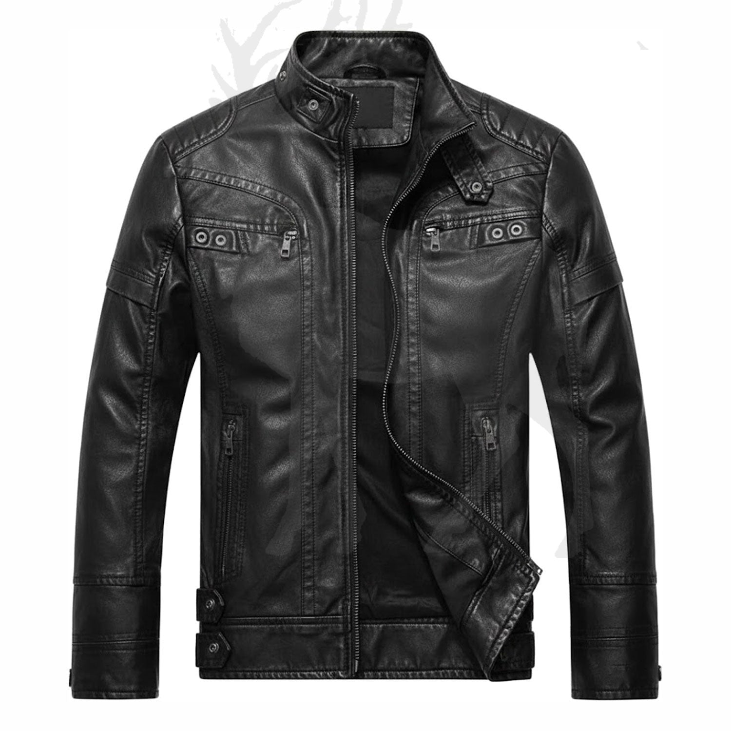 Men’s black leather jacket front view slim fit biker cafe racer style genuine leather multiple zipper pockets