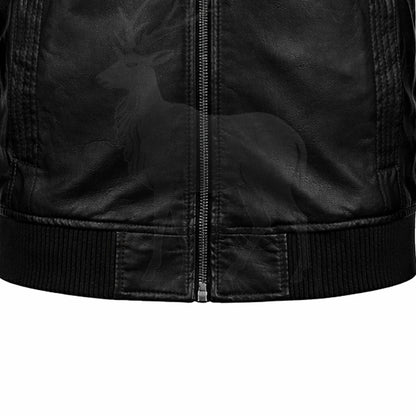 Close up ribbed waistband on men’s black leather bomber jacket elastic hem detail premium craftsmanship
