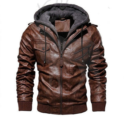 Men’s brown leather jacket front view hooded slim fit biker style vintage distressed leather zipper closure ribbed cuffs waist