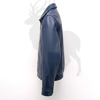 Men’s blue leather jacket side view button front shirt style casual fit genuine leather modern design