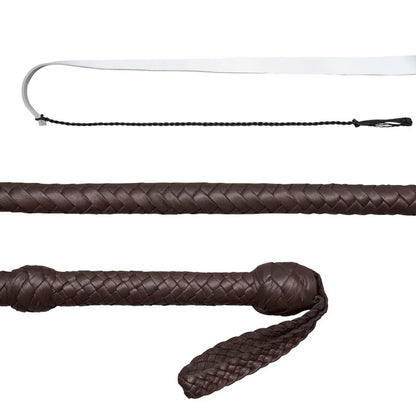 Hand-braided chocolate brown cowhide bullwhip closeup