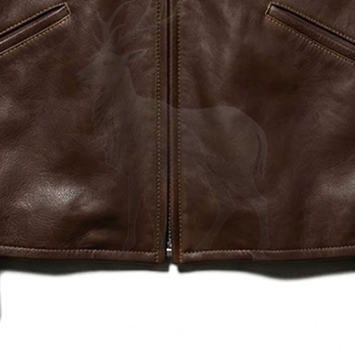 Close up lower zipper detail on men’s brown leather jacket