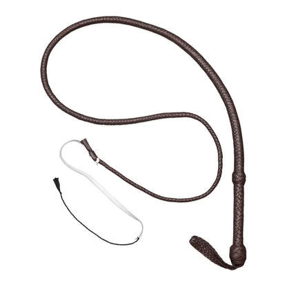Chocolate brown leather bullwhip with white fall and cracker