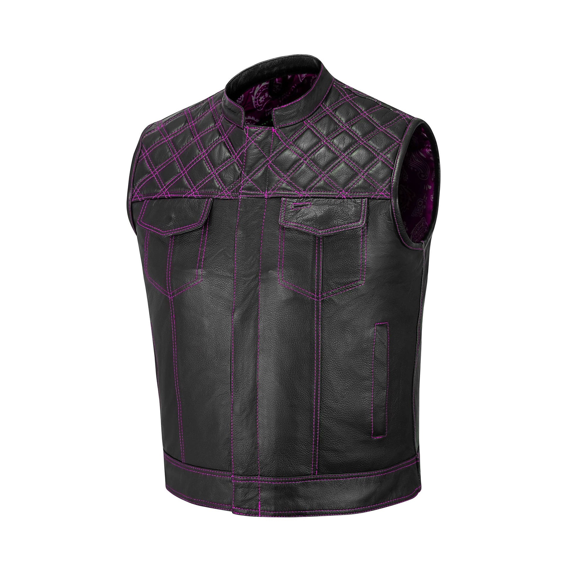 A premium handmade Purple Diamond Stitched MC Club Vest displayed on a plain background. Constructed from genuine cowhide leather, this vest showcases intricate purple diamond stitching, satin lining for comfort, and secure brass zipper closure. Customizable for biker patches, logos, and club insignias, it’s ideal for motorcycle enthusiasts, rebels, and road warriors who demand durability and biker style.