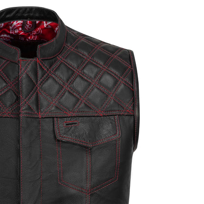 top shoulder and chest pocket detail with red diamond stitching on leather vest