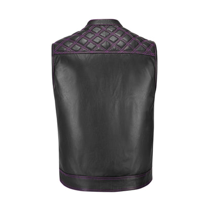 back view of purple diamond stitched custom leather motorcycle club vest