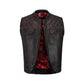 A stylish Red Diamond Stitched MC Club Vest displayed on a hanger against a white background. Featuring genuine cowhide leather, satin lining, YKK brass zipper, and customizable patch options, this vest is designed for men and women bikers. Its bold red stitching provides standout style for motorcycle clubs, rebels, and road warriors who want durability and individuality in their biker gear.