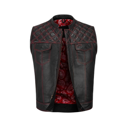 Red diamond stitched cowhide MC club vest on hanger