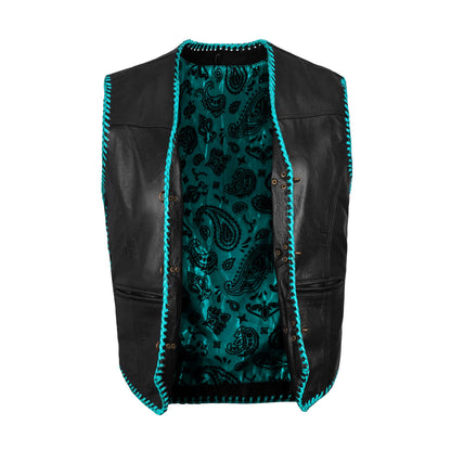 Snap button closure on turquoise buffalo leather vest