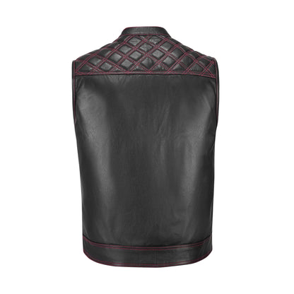 back view of red diamond stitched custom leather motorcycle club vest