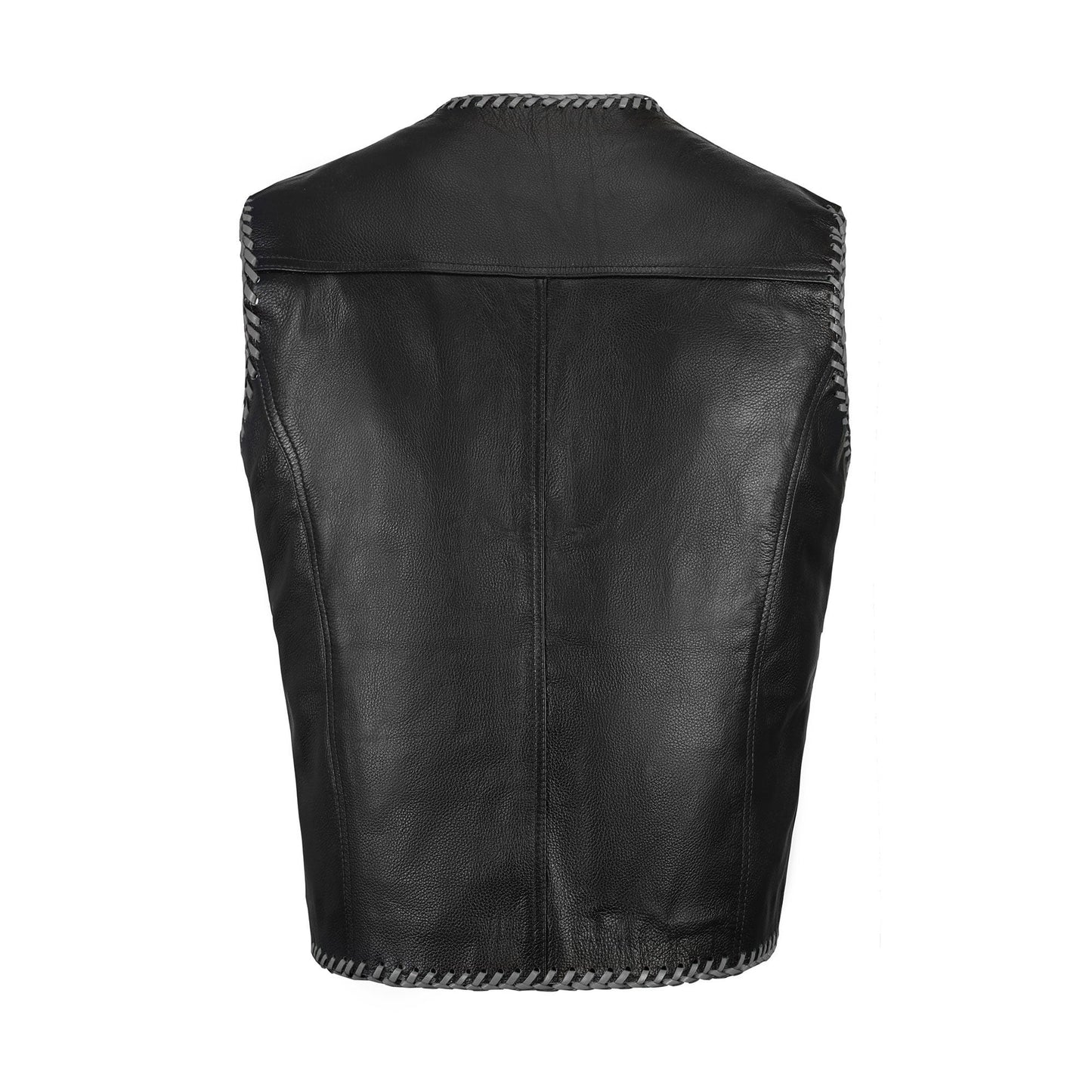 Back side of Buffalo Leather Grey Ribbed Biker Vest, crafted from A+ grade buffalo leather, with ribbed grey panel accents and satin interior lining. Perfect for embroidery customization with motorcycle club logos, rider names, or patches. Rugged biker vest designed for MC club members, motorcycle enthusiasts, and lifestyle riders.