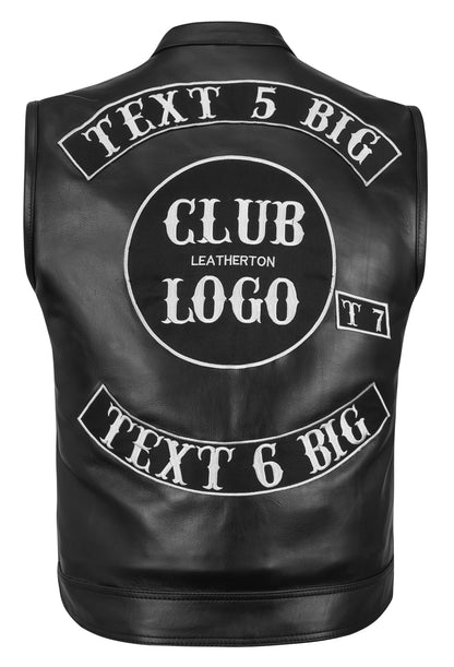 custom club logo and text embroidery on back of black leather motorcycle vest