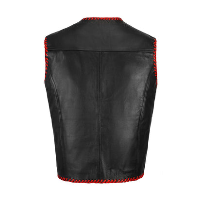 Red MC club vest thick hide texture close-up