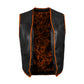 Buffalo Leather Orange Ribbed MC Vest closure detail with snap buttons, side lace, and premium buffalo leather construction. Ribbed orange panels add a bold touch for bikers. Designed for comfort and long rides with satin lining and customizable biker styling options.