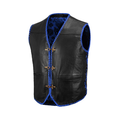 Blue buffalo leather ribbed MC club vest front view