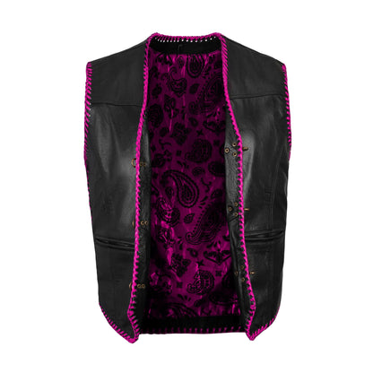 Ribbed panel texture on pink leather biker vest