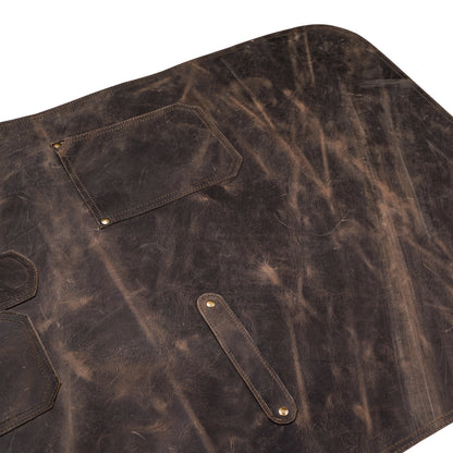 Custom personalized initials engraving on black leather culinary apron