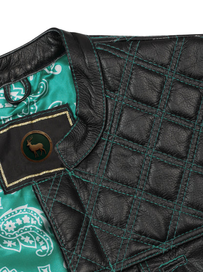 inner turquoise satin lining and collar detail of diamond stitched leather vest