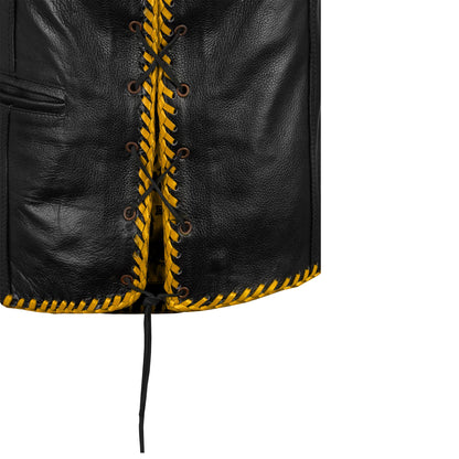 Close-up of Buffalo Leather Motorcycle Club Golden Ribbed Vest 